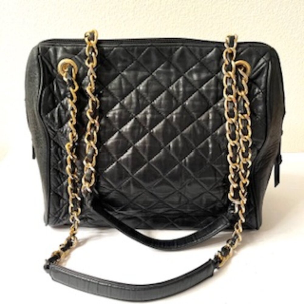 Vintage Black Leather Quilted Gold Chain Bag